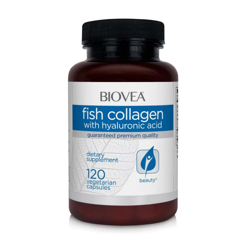 Biovea Fish Collagen & Hyaluronic Acid - Рибен Колаген + Хиалуронова Киселина за стави 120 капсули - Fish Collagen & Hyaluronic Acid е усъвършенствана формула, предназначена да насърчава силна и здрава кожа, съединителни тъкани и стави. Колагенът 