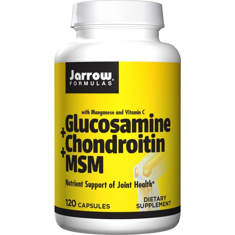 Jarrow Formulas Glucosamine Chondroitin MSM - Глюкозамин Хондроитин МСМ 120 капсули - Глюкозаминът и хондроитин сулфатът са основни компоненти на хиалуроновата киселина в ставния хрущял и синовиалната течност. Метилсулфонилметанът (MSM) е органичен източн