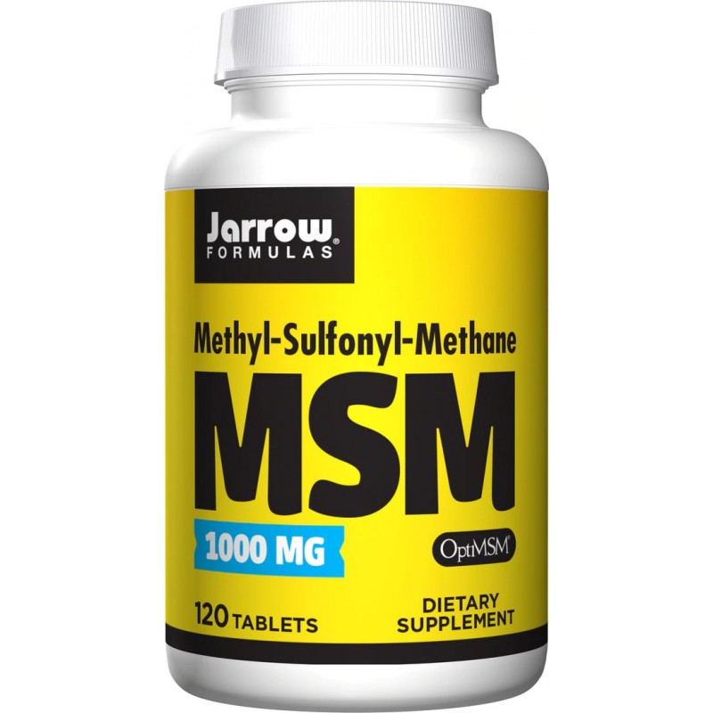 Jarrow Formulas MSM 1000 mg 120 таблетки - Jarrow Formulas® MSM е органичен източник на бионалична сяра. Сярата е антиоксидантен минерал. Сярата се намира в човешкото тяло в структурни протеини, като хондроитин сулфат, дерматан сулфат и хиалуронова кисели