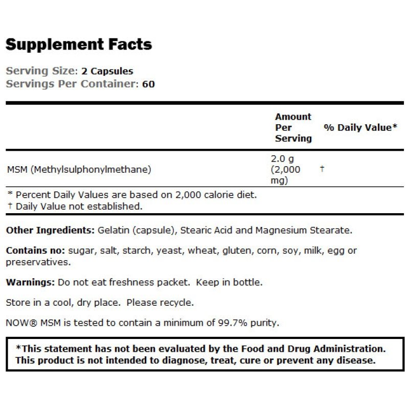 NOW MSM 1000 mg 120 капсули, NOW MSM 1000mg, Хранителни добавки за стави, кости и сухожилия NOW MSM 1000 mg 120 капсули - Липсата на нужните количества сяра в организма може да възпрепятства нормалното му функциониране. Как да си набавим необходимите нива и може ли хранителната добавка MSM 1000 мг 120 капсули на Now Foods да ни помогне? Без