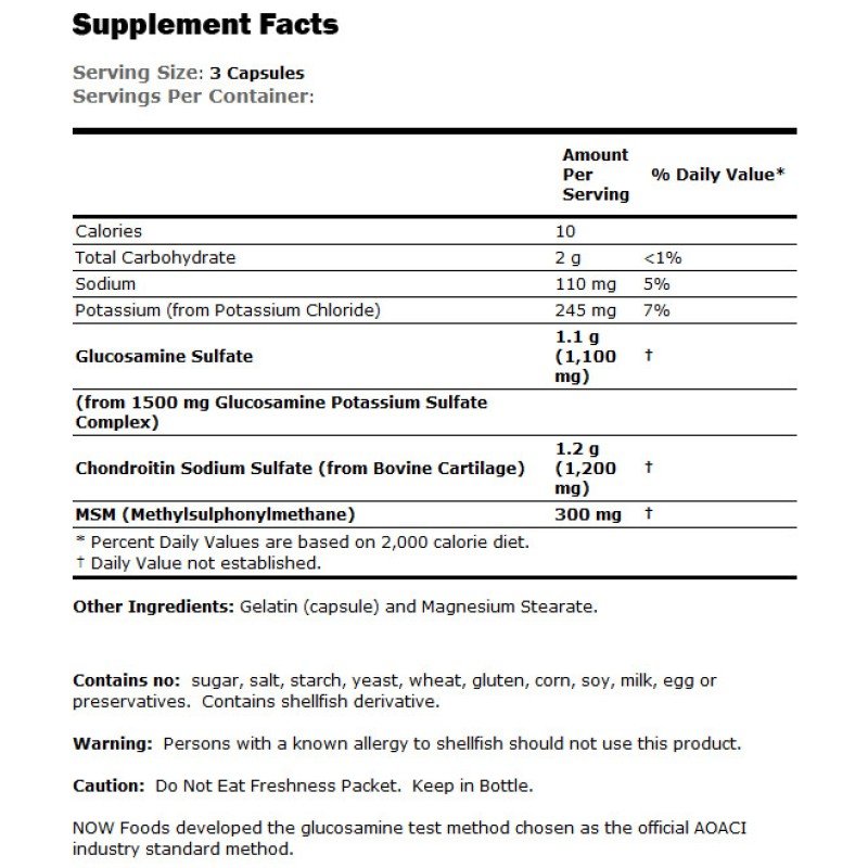 NOW Foods Glucosamine & Chondroitin with MSM - Glucosamine + Chondroitin + MSM е комбинация от трите от най-ефективните съставки за възстановяване на хрущялите и подържането на ставната функция. Глюкозамин (Glucosamine) се използва при изграждането на
