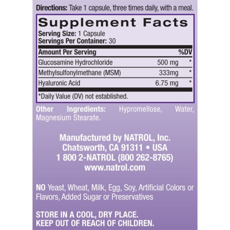 Natrol Glucosamine, Hyaluronic Acid & MSM 90 таблетки, Natrol Glucosamine, Hyaluronic Acid & MSM, Хранителни добавки за стави, кости и сухожилия Natrol Glucosamine, Hyaluronic Acid & MSM 90 таблетки - Какво представлява Хиалуронова киселина/МСМ/Глюкозамин на Natrol? Glucosamine, Hyaluronic Acid & MSM е комплексна мощна формула с доказан ефект. Тя се грижи за доброто състояние, в това число