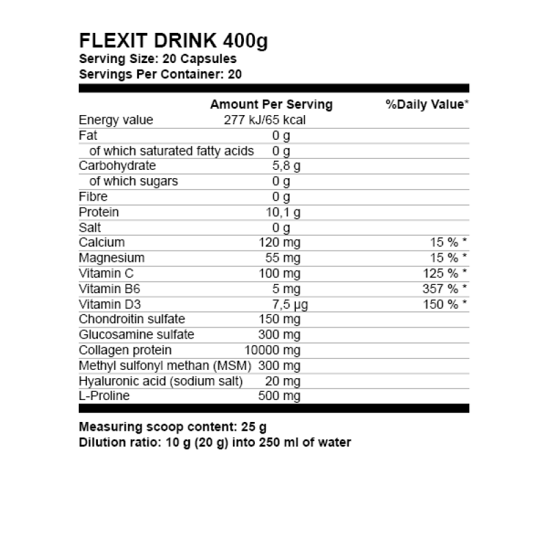 Nutrend Flexit Drink 400 гр - Разтворима напитка за комплексна защита, възстановяване и хранителна система за съединителните тъкани (стави, ставни капсули, хрущял, сухожи- лия, връзки) и костна тъкан. Колаген протеин + хондроитин сулфат, глюкозамин с