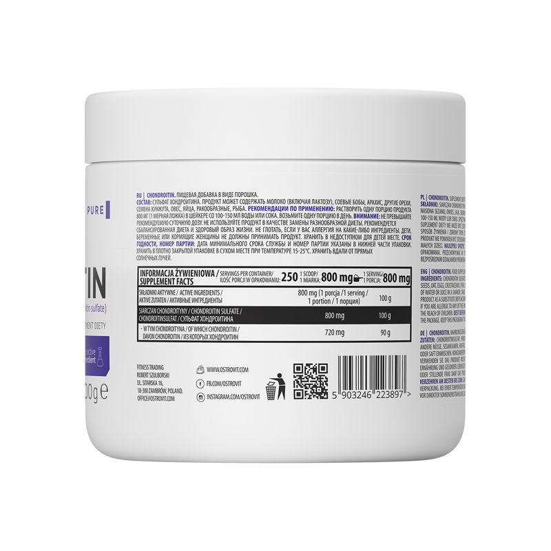 OstroVit Chondroitin Sulfate Powder 200 г - OstroVit Supreme Pure Chondroitin 200 gOstroVit Supreme Pure Chondroitin е хранителна добавка на прах, допълваща ежедневната диета с хондроитин, която е отговорна за правилната регенерация на хрущяла. Дефицитът