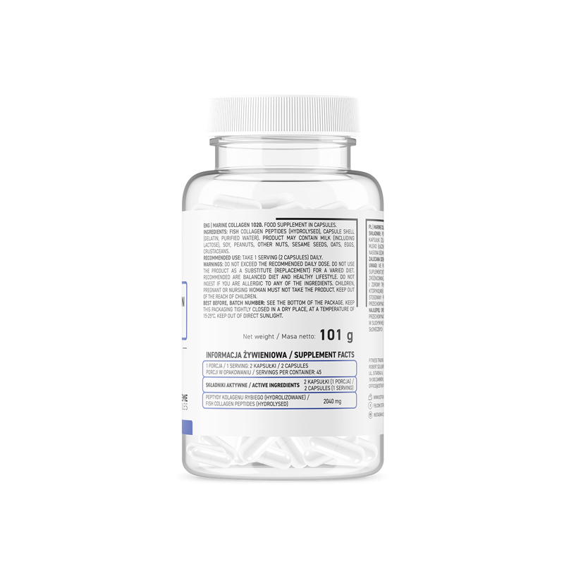 OstroVit Marine Collagen 90 капсули, OstroVit Marine Collagen - Колаген, Хранителни добавки за стави, кости и сухожилия OstroVit Marine Collagen 90 капсули - OstroVit Marine Collagen 1020 mg 90 капс OstroVit Marine Collagen 1020 mg е хранителна добавка в капсули, съдържащи пептиди от рибен колаген. Продуктът е създаден за всички хора, които се грижат за красивия и здравос