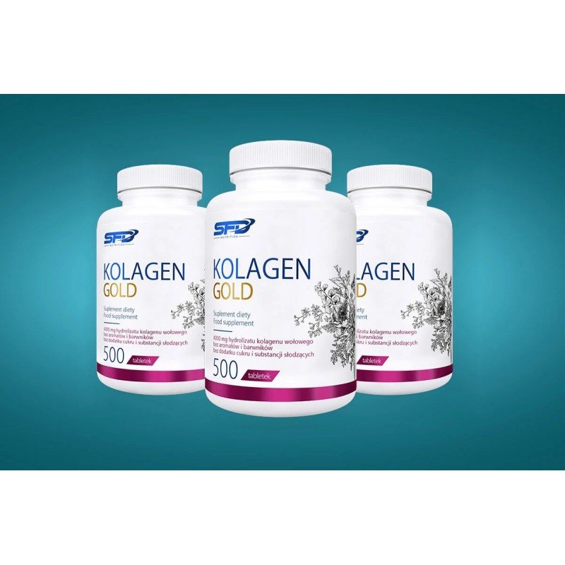 SFD Collagen Gold 500 таблетки, SFD Collagen Gold - Колаген, Хранителни добавки за стави, кости и сухожилия SFD Collagen Gold 500 таблетки - SFD COLLAGEN GOLD е хранителна добавка под формата на таблетки, съдържаща хидролизиран телешки колаген, предназначена за хора, които се грижат за здравия вид на кожата си, както и за хора, практикуващи спорт, след спортн