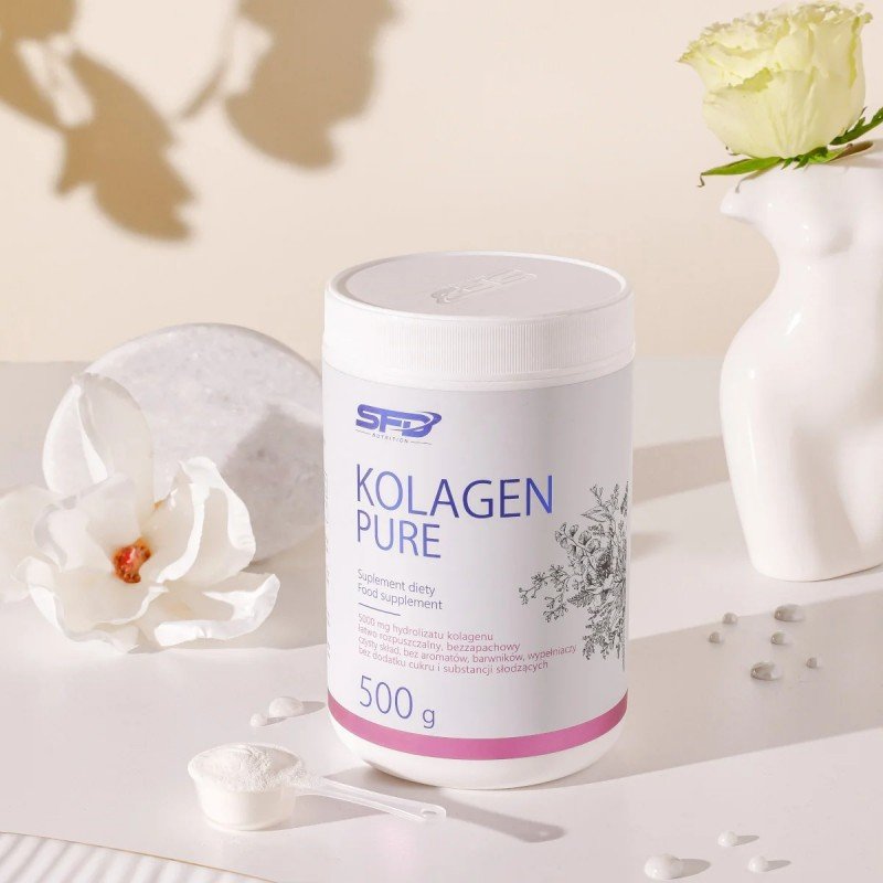 SFD Collagen Pure Powder 500 г - SFD COLLAGEN PURE е прахообразна хранителна добавка на базата на хидролизиран колаген от животински произход, предназначена за хора, които се грижат за здравия вид на кожата си, както и за хора, практикуващи спорт, след