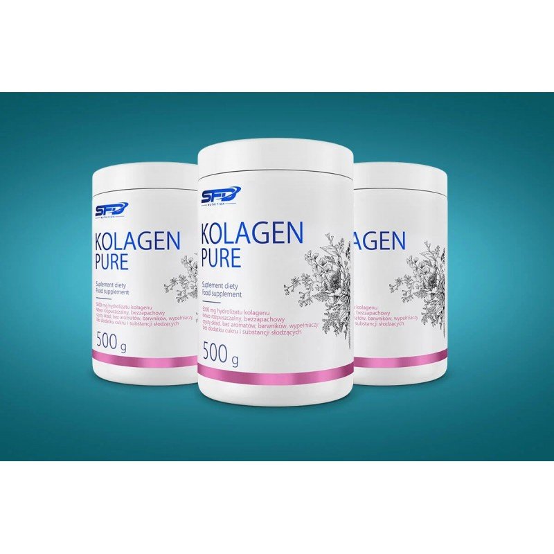 SFD Collagen Pure Powder 500 г - SFD COLLAGEN PURE е прахообразна хранителна добавка на базата на хидролизиран колаген от животински произход, предназначена за хора, които се грижат за здравия вид на кожата си, както и за хора, практикуващи спорт, след