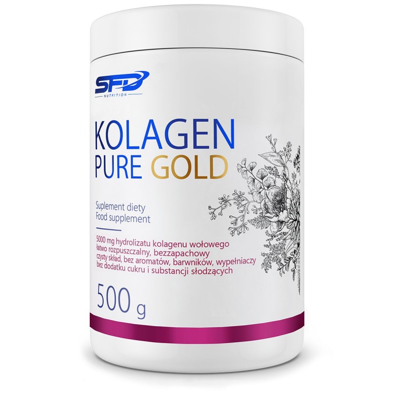 SFD Collagen Pure Gold 500 г - SFD COLLAGEN PURE GOLD е прахообразна хранителна добавка на базата на хидролизиран телешки колаген, предназначена за хора, които се грижат за здравия вид на кожата си, както и за хора, практикуващи спорт, след спортни тр