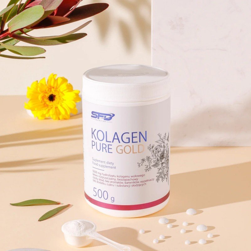 SFD Collagen Pure Gold 500 г - SFD COLLAGEN PURE GOLD е прахообразна хранителна добавка на базата на хидролизиран телешки колаген, предназначена за хора, които се грижат за здравия вид на кожата си, както и за хора, практикуващи спорт, след спортни тр