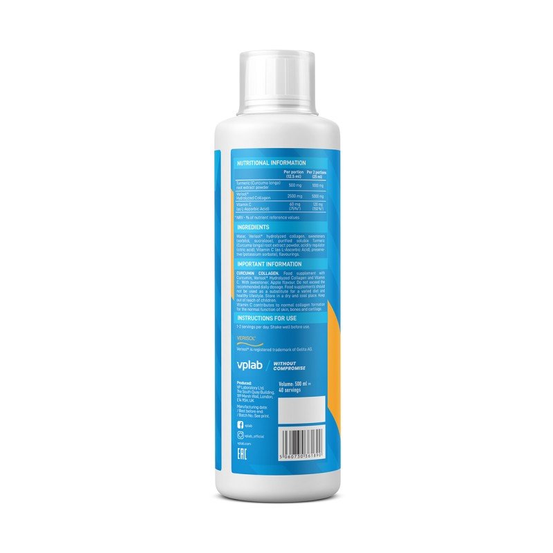VPLab Liquid Curcumin Collagen 500 мл - Vplab Curcumin Collagen е мощна формула с 3 основни съставки – екстракт от корен на куркума на прах, Verisol® хидролизиран колаген и витамин С. Куркумата съдържа полифенол, наречен куркумин, и в растителния свят тов