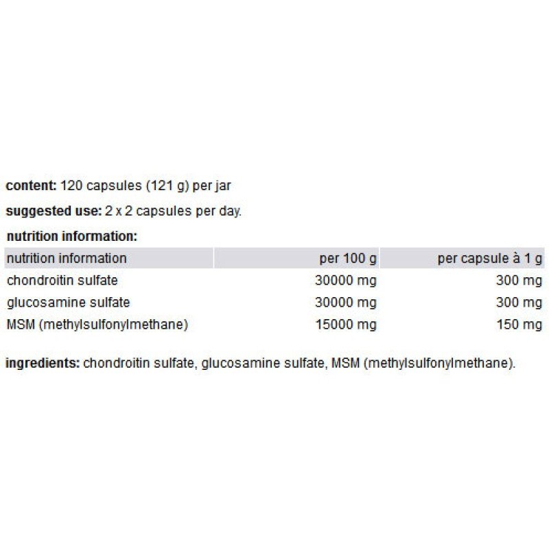 WEIDER Glucosamine & Chondroitin + MSM 120 капсули, WEIDER Glucosamine & Chondroitin + MSM, Хранителни добавки за стави, кости и сухожилия WEIDER Glucosamine & Chondroitin + MSM 120 капсули - WEIDER Glucosamine & Chondroitin + MSM е комбиниран продукт, който съдържа глюкозамин, хондроитин и MSM.Глюкозаминът е комбинация от аминокиселини извлечени от хрущял на риба. Той подпомага здра