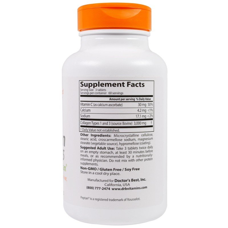 Колаген Тип 1 и 3 1000 мг 180 таблетки Doctor's Best, Best Collagen Types 1 and 3 1000mg, Колаген Колаген Тип 1 и 3 1000 мг 180 таблетки Doctor's Best - Колаген Тип 1 И 3 1000 мг 180 таблетки на Doctor's Best Спира процеса на стареене Изгражда костите, ставите и кожата Стопира появата на бръчки Подобрява еластичността на кожата 100% чист продукт